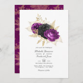 Zwarte en Paarse  Floral QR Code Weddenschap Kaart (Voorkant / Achterkant)