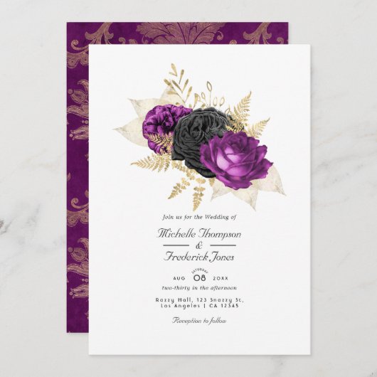 Zwarte en Paarse  Floral QR Code Weddenschap Kaart (Voorkant / Achterkant)