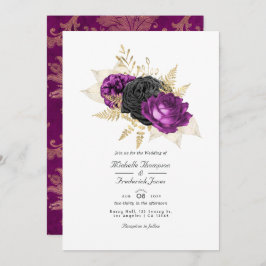 Zwarte en Paarse  Floral QR Code Weddenschap Kaart