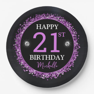 Zwarte en paarse glitterconfetti verjaardag papieren bordje