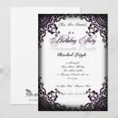 Zwarte en Paarse Gothic Scroll Birthday Uitnodigin Kaart (Voorkant / Achterkant)