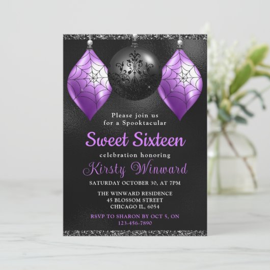 Zwarte en Paarse Halloween-versieringen Sweet 16 Kaart (Staand voorkant)