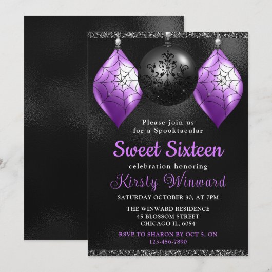 Zwarte en Paarse Halloween-versieringen Sweet 16 Kaart (Voorkant / Achterkant)