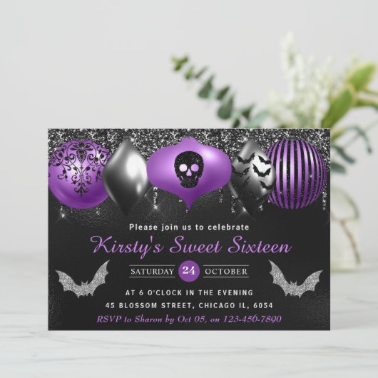 Zwarte en Paarse Halloween-versieringen Sweet Sixt Kaart (Staand voorkant)