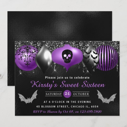 Zwarte en Paarse Halloween-versieringen Sweet Sixt Kaart (Voorkant / Achterkant)