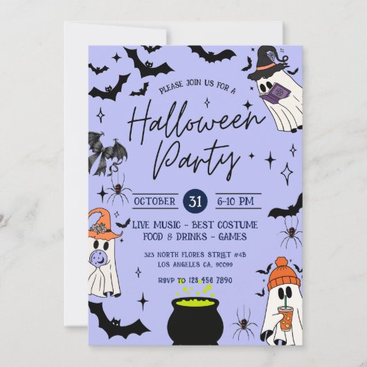 Zwarte en Paarse Halloweenfeest Uitnodigen Kaart (Voorkant)
