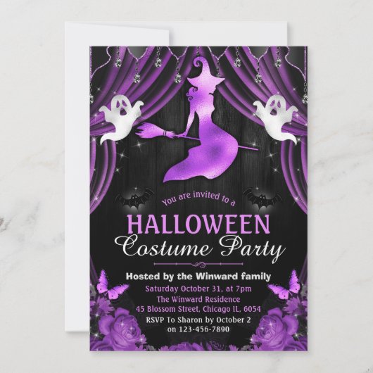 Zwarte en Paarse heks en Shimmer Curtains Hallowee Kaart (Voorkant)