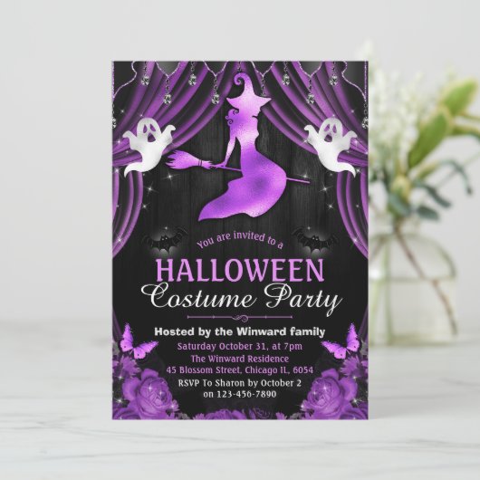 Zwarte en Paarse heks en Shimmer Curtains Hallowee Kaart (Staand voorkant)