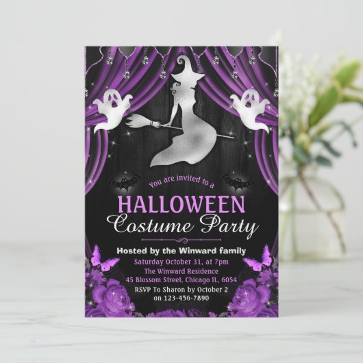 Zwarte en Paarse heks en Shimmer Curtains Hallowee Kaart (Staand voorkant)