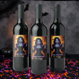 Zwarte en Paarse heks gepersonaliseerde Halloween Wijn Etiket