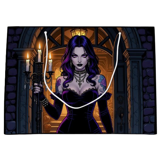 Zwarte en Paarse heks met Candelabra Halloween Groot Cadeauzakje (Voorkant)