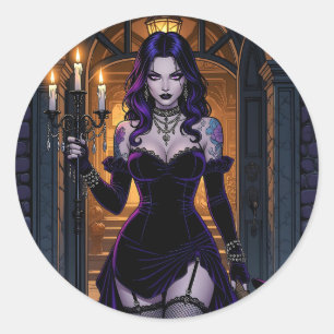 Zwarte en Paarse heks met Candelabra Halloween Ronde Sticker