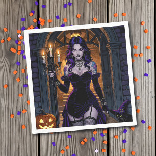 Zwarte en Paarse heks met Candelabra Halloween Servet