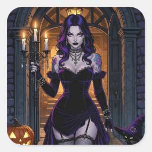 Zwarte en Paarse heks met Candelabra Halloween Vierkante Sticker