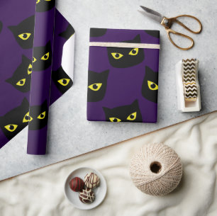 Zwarte en paarse kat gele ogen Halloween patroon Cadeaupapier
