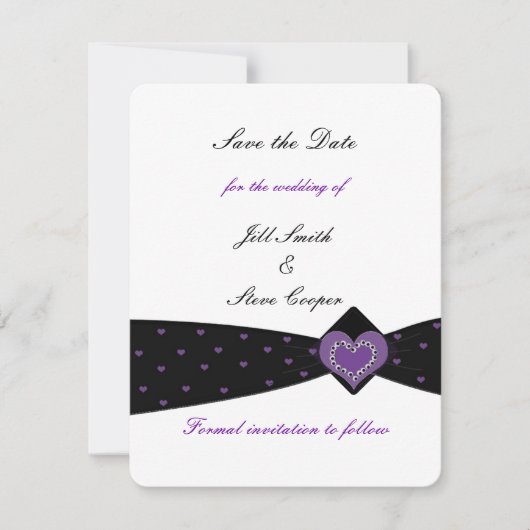 Zwarte en paarse lint save the date (Voorkant)