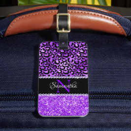 Zwarte en paarse luipaardvlekken Glam monogram Bagagelabel