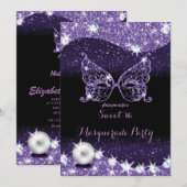 zwarte en paarse maskerade zoet 16 glitter kaart (Voorkant / Achterkant)