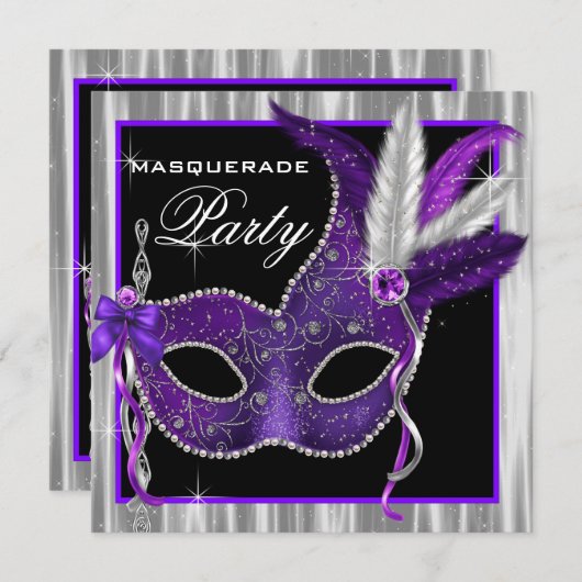 Zwarte en Paarse Masquerade Party Kaart (Voorkant / Achterkant)