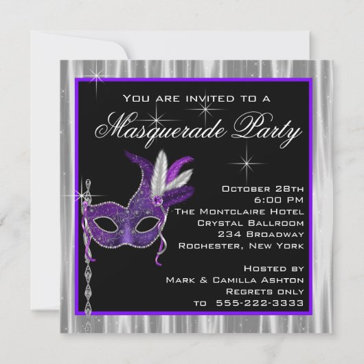 Zwarte en Paarse Masquerade Party Kaart (Achterkant)