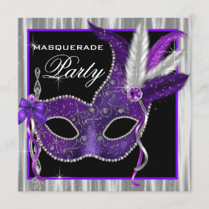 Zwarte en Paarse Masquerade Party Kaart