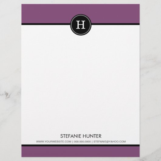 Zwarte en Paarse monogram letterhead Briefhoofd Ontwerp (Voorkant)