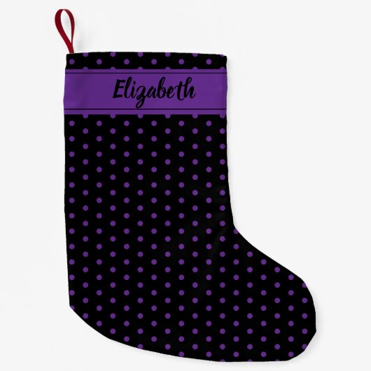 Zwarte en Paarse Polka Dots Gepersonaliseerde Cust Kleine Kerstsok (Voorkant)