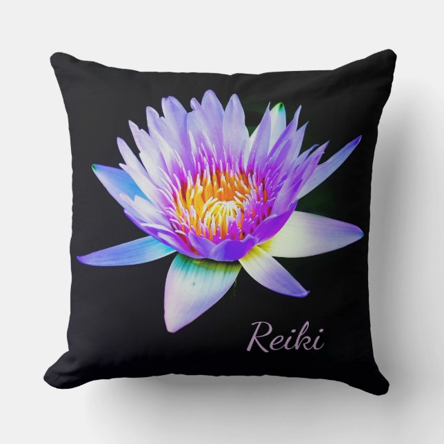 Zwarte en Paarse Reiki Lotus Flower Kussen (Voorkant)