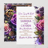Zwarte en Paarse Rozen Steampunk Gothic Wedding Kaart (Voorkant / Achterkant)