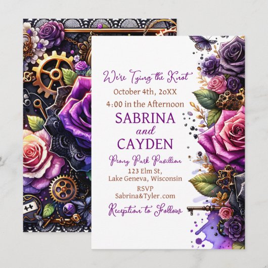 Zwarte en Paarse Rozen Steampunk Gothic Wedding Kaart (Voorkant / Achterkant)