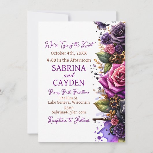 Zwarte en Paarse Rozen Steampunk Gothic Wedding Kaart (Voorkant)