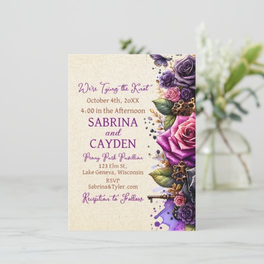 Zwarte en Paarse Rozen Steampunk Gothic Wedding Kaart (Staand voorkant)