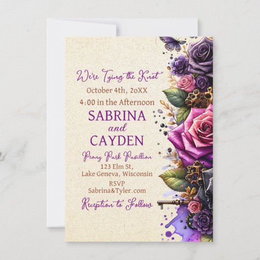 Zwarte en Paarse Rozen Steampunk Gothic Wedding Kaart (Voorkant)