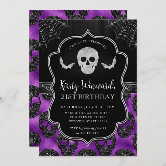 Zwarte en Paarse schedel en spinnenwebben 21e verj Kaart (Voorkant / Achterkant)