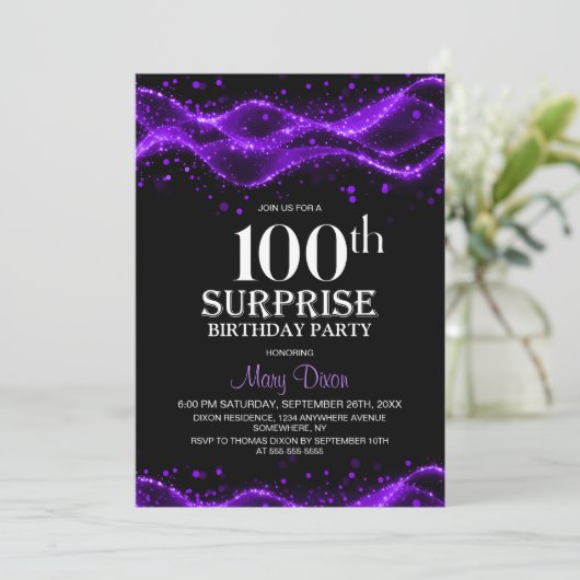 Zwarte en Paarse Verrassing 100ste Verjaardagsfees Kaart (Staand voorkant)
