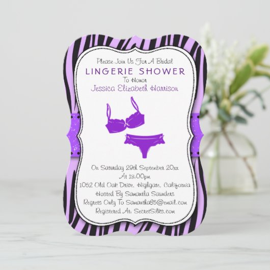 Zwarte en Paarse Zebra Print Bracket Lingerie Show Kaart (Staand voorkant)