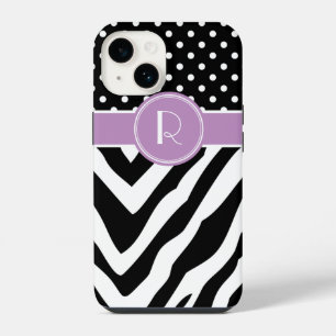 Zwarte en paarse zebra stippen monogram iPhone 14 hoesje