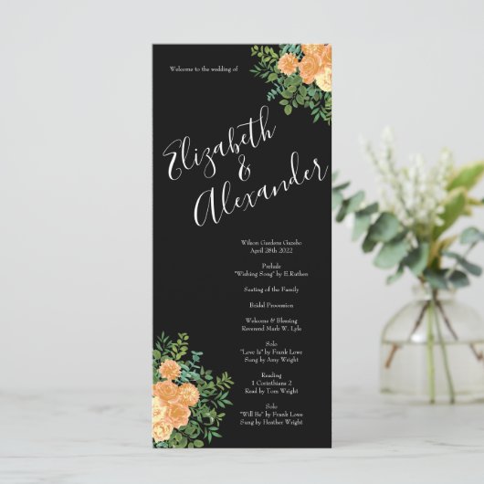 Zwarte en Peach Wedding Modern Floral Menu (Staand voorkant)