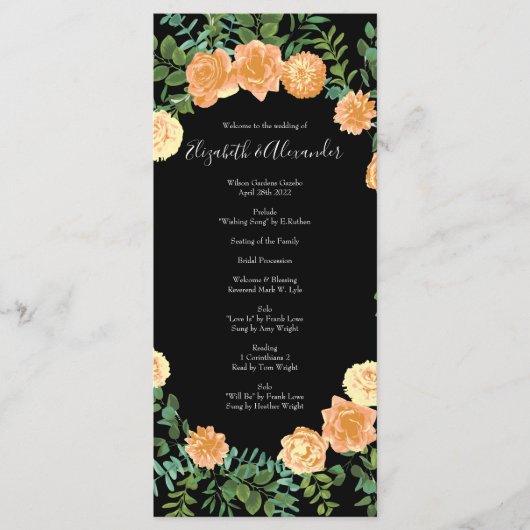 Zwarte en Peach Wedding Modern Floral Menu (Voorkant)
