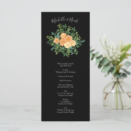 Zwarte en Peach Wedding Modern Floral Menu (Staand voorkant)