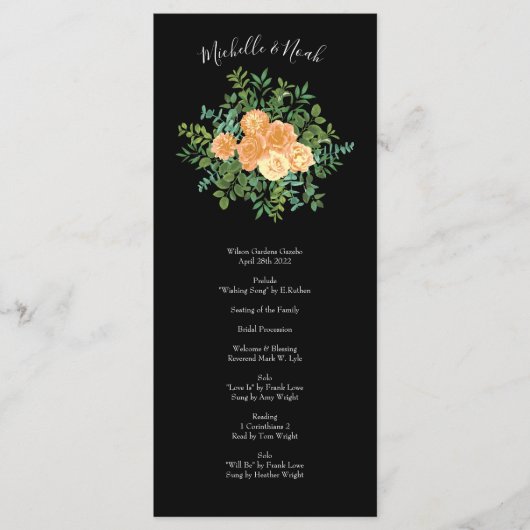 Zwarte en Peach Wedding Modern Floral Menu (Voorkant)