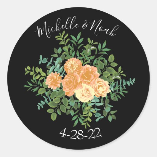 Zwarte en Peach Wedding Modern Floral Ronde Sticker (Voorkant)