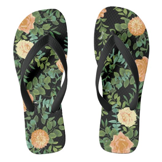 Zwarte en Peach Wedding Modern Floral Teenslippers (Voetbed)