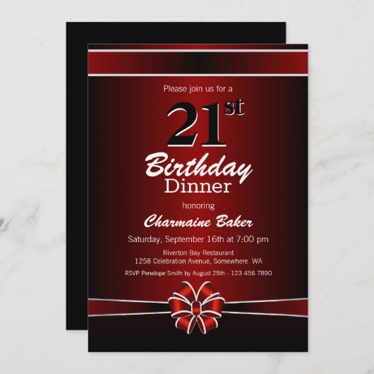 Zwarte en Rode 21e verjaardag Dinner Party Kaart (Voorkant / Achterkant)
