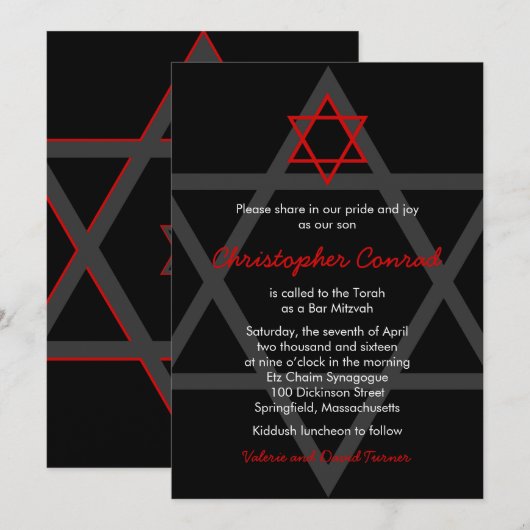 Zwarte en Rode Bar Mitzvah Uitnodiging (Voorkant / Achterkant)