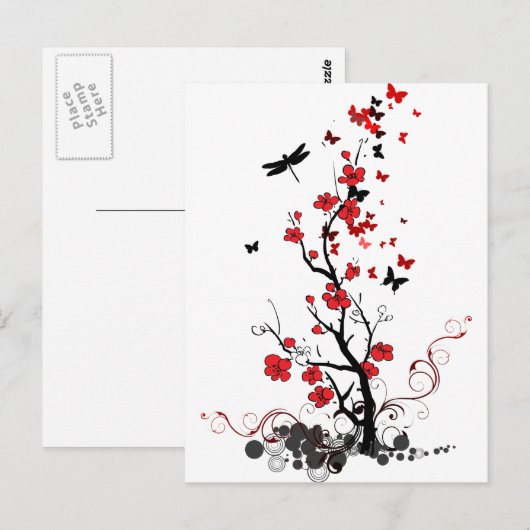 Zwarte en rode bloemen briefkaart (Voorkant / Achterkant)