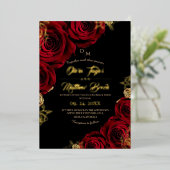 Zwarte en rode bloemen gouden folie bruiloft uitnodiging (Staand Voorkant)