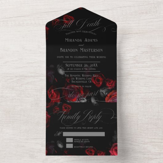 Zwarte en rode bloemen in één huwelijksuitnodiging all in one uitnodiging (Binnen)