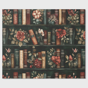 Zwarte en rode boeken met bloemen op boekenplank cadeaupapier