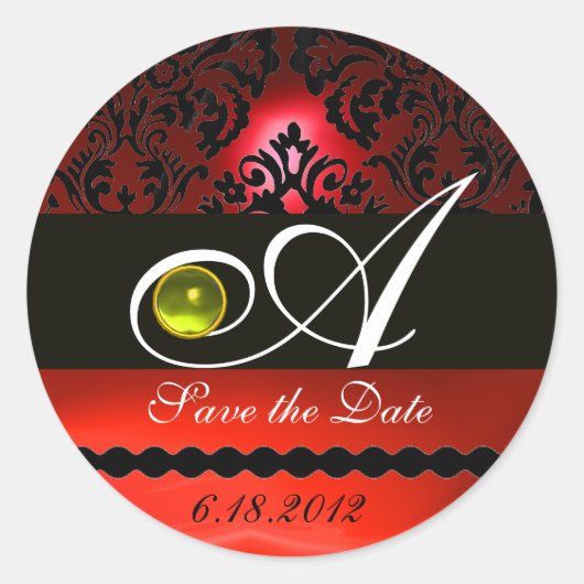 ZWARTE EN RODE DAMASKMONOGRAM, geel Topaz Ronde Sticker (Voorkant)